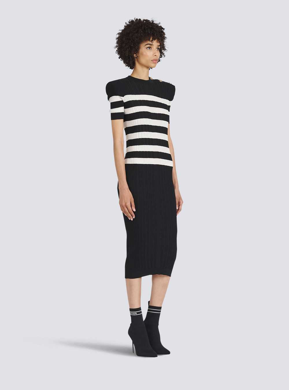 Balmain Mid-length Striped Knit Dress Black | UYTXCSI-21