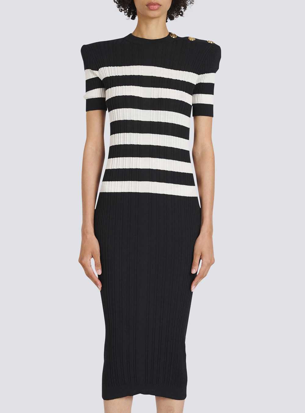 Balmain Mid-length Striped Knit Dress Black | UYTXCSI-21