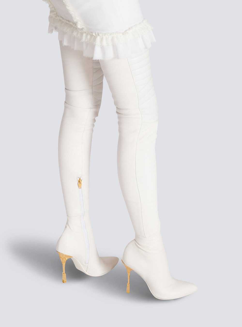 Balmain Moneta Leather Thigh-high Boots White | CWKSHMP-29