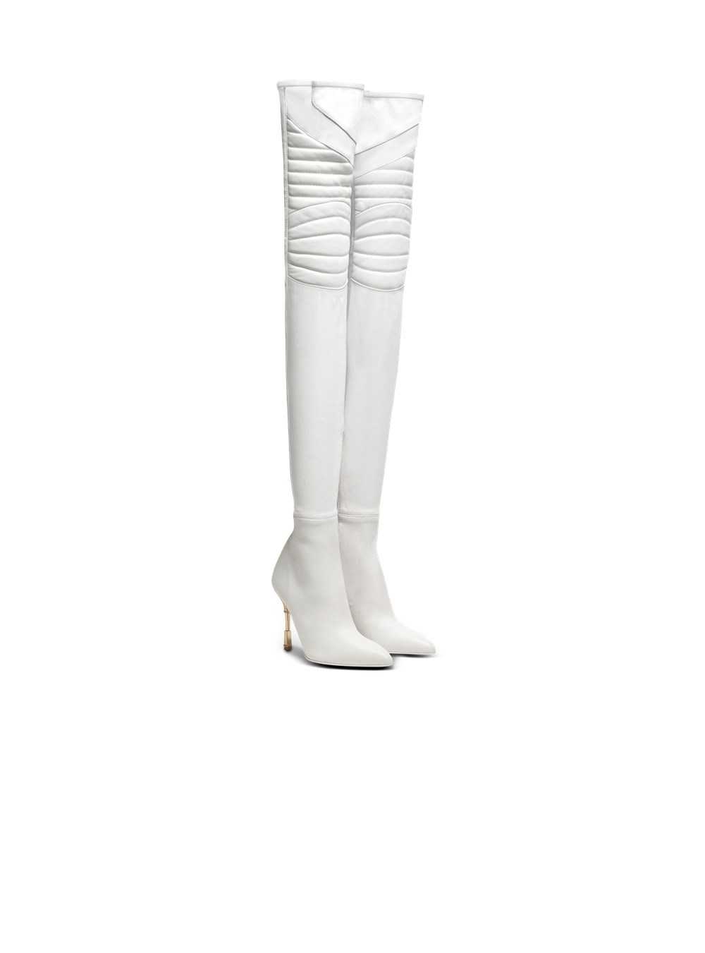 Balmain Moneta Leather Thigh-high Boots White | CWKSHMP-29