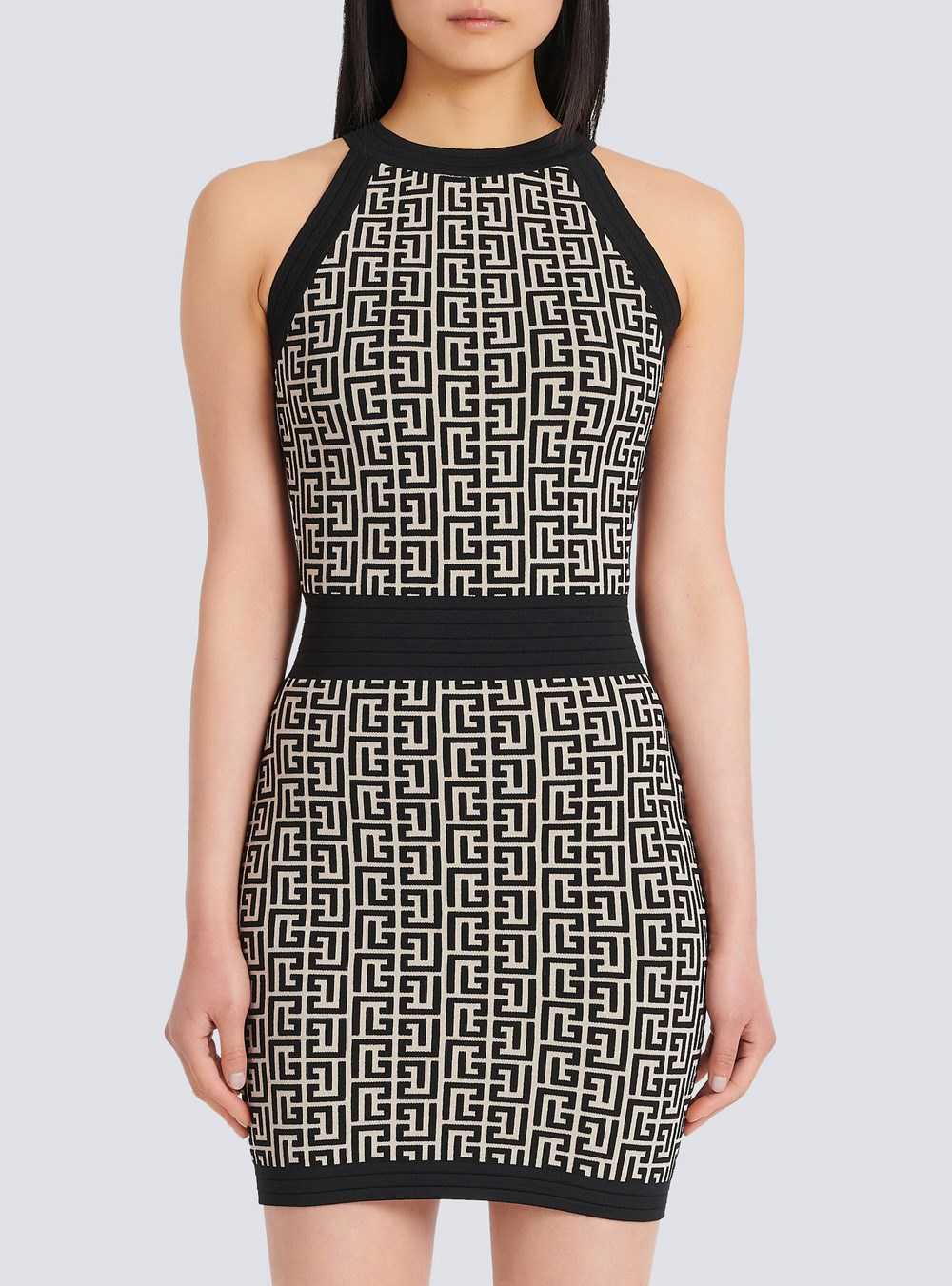 Balmain Monogrammed Knit Dress Black | XTIAMFY-54