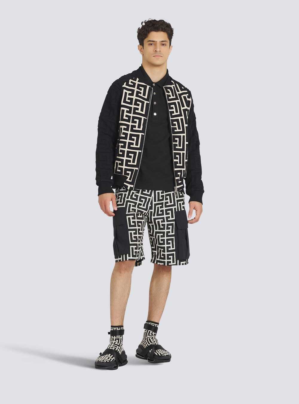 Balmain Nylon Cargo Short With Balmain Monogram Print Black | GBXKCIQ-01