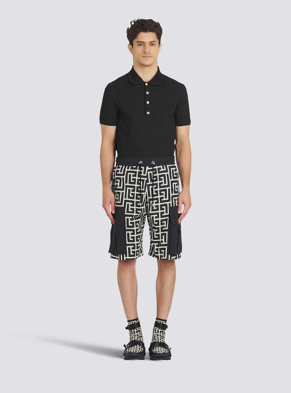 Balmain Nylon Cargo Short With Balmain Monogram Print Black | GBXKCIQ-01