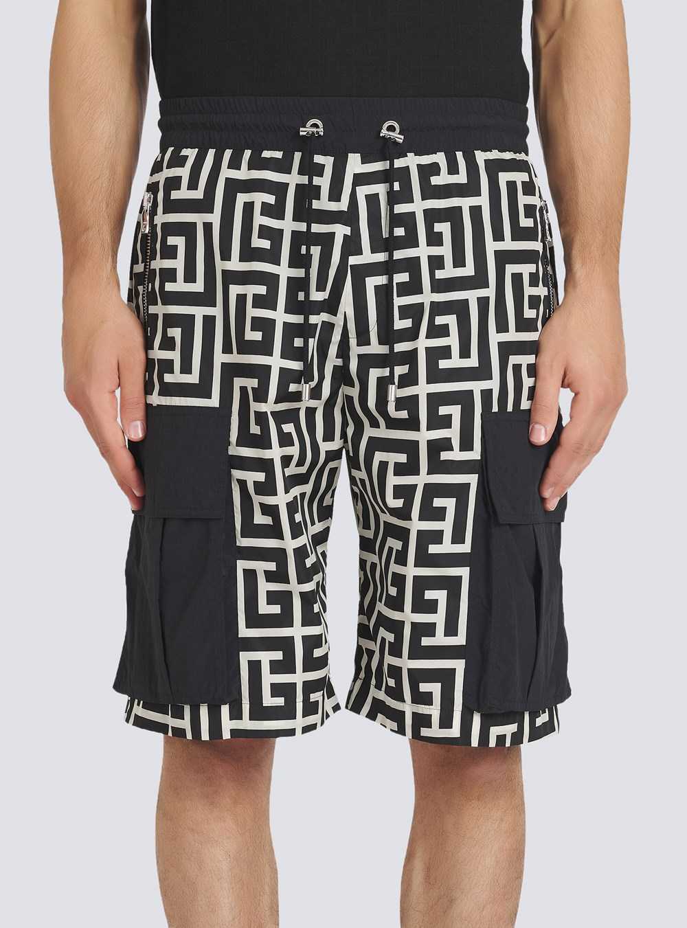 Balmain Nylon Cargo Short With Balmain Monogram Print Black | GBXKCIQ-01