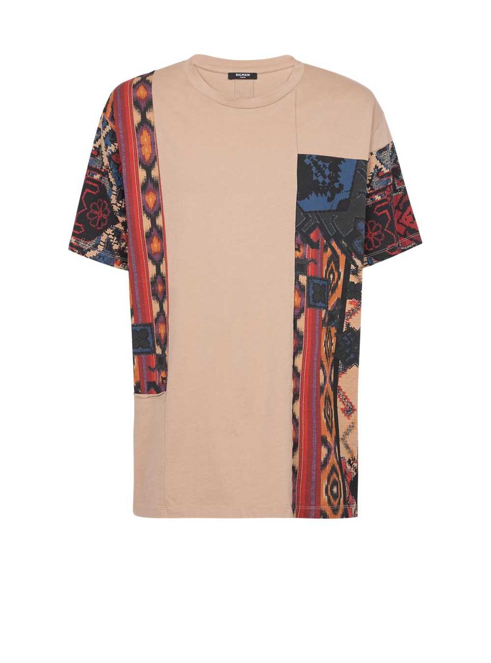 Balmain Oversized Cotton T-shirt With Multicolor Patchwork Print Beige | ZXFMTUV-63