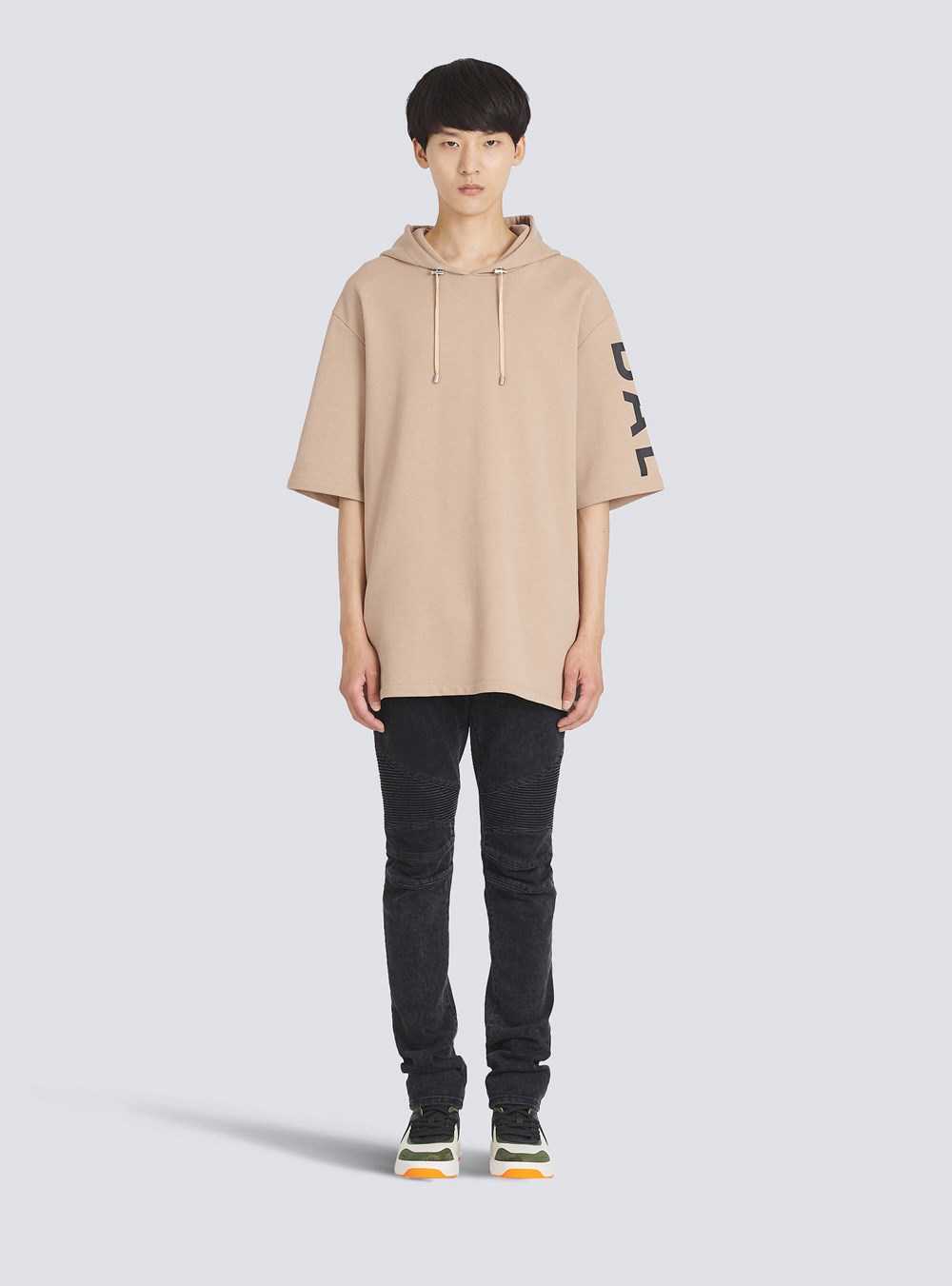 Balmain Oversized Eco-designed Cotton Hooded Sweatshirt With Balmain Logo Print Beige | YXBKIQD-19