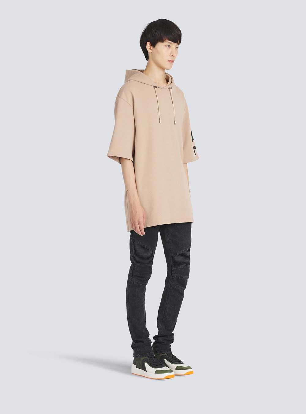 Balmain Oversized Eco-designed Cotton Hooded Sweatshirt With Balmain Logo Print Beige | YXBKIQD-19