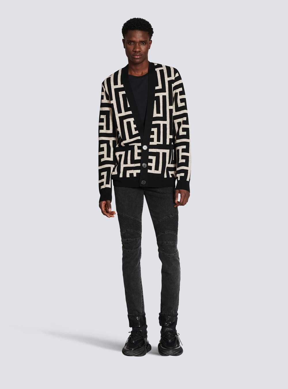 Balmain Oversized Wool Cardigan With Maxi Balmain Monogram Black | DHRMCAZ-74