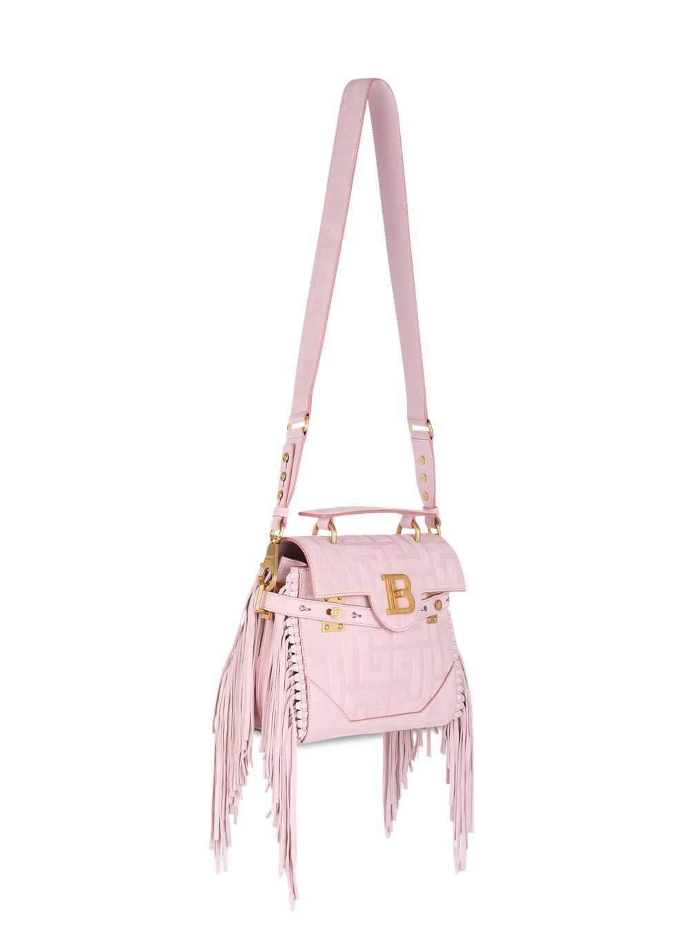 Balmain Pink Embossed Suede B-buzz 23 Bag With Fringe Pink | UXAFMGH-12