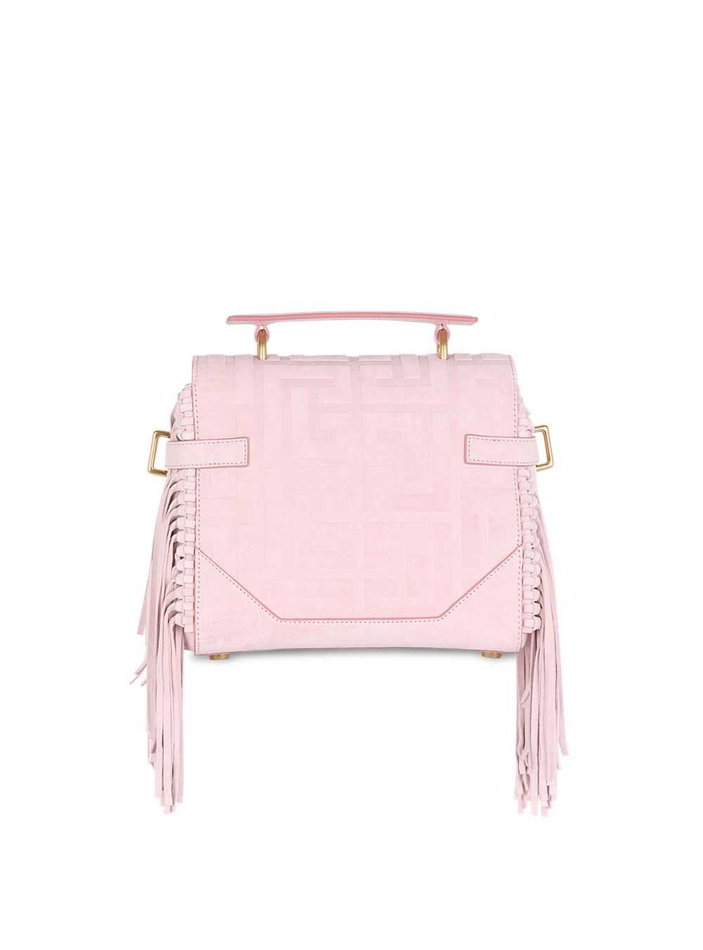 Balmain Pink Embossed Suede B-buzz 23 Bag With Fringe Pink | UXAFMGH-12