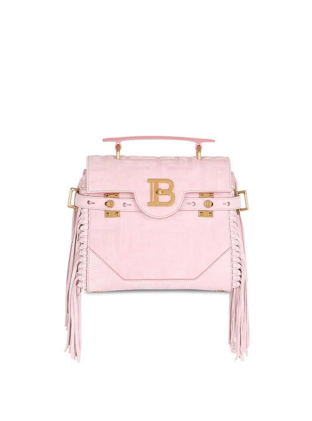 Balmain Pink Embossed Suede B-buzz 23 Bag With Fringe Pink | UXAFMGH-12