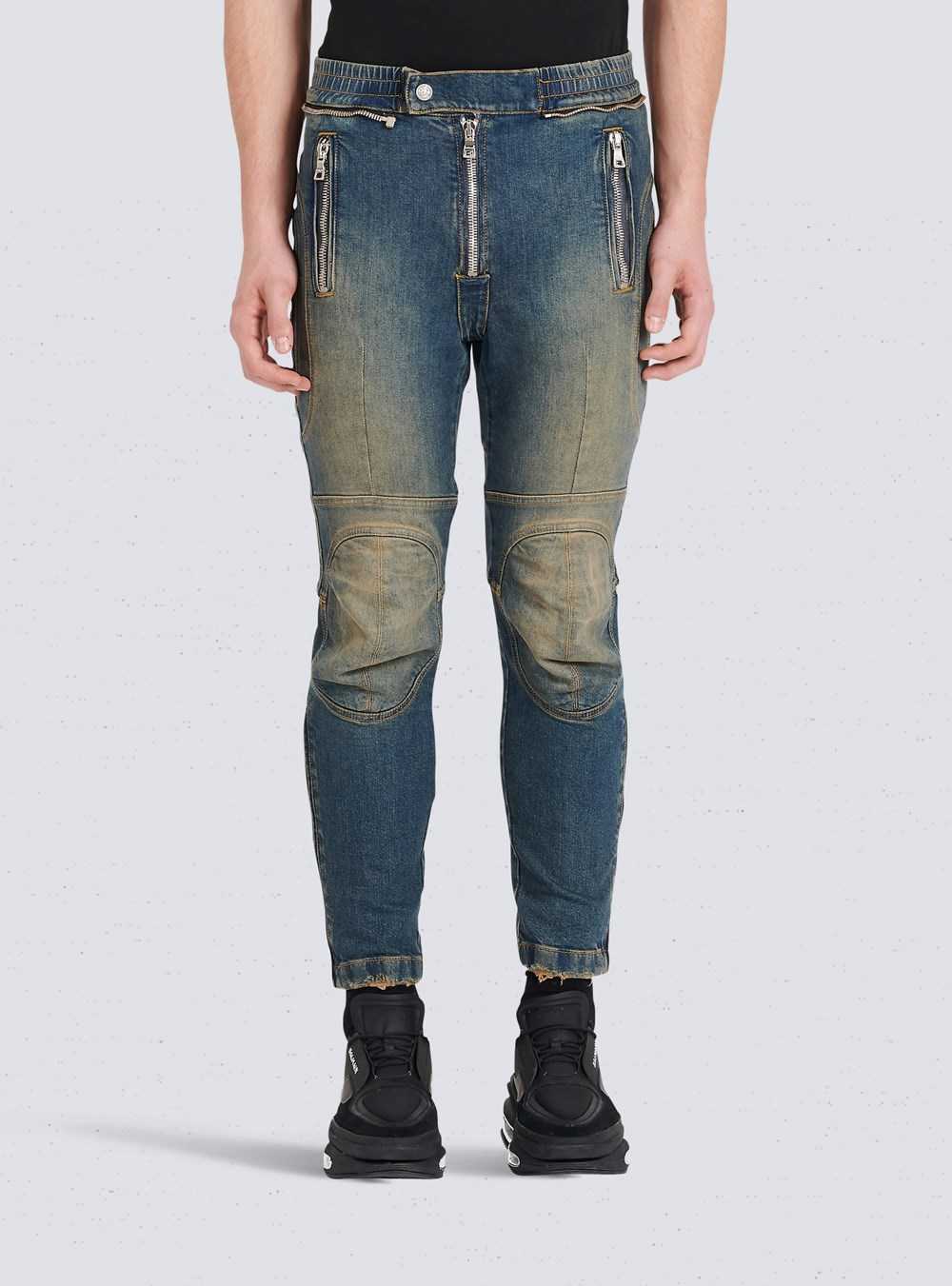 Balmain Ripped Cotton Jeans Blue | ZSOBKCM-43