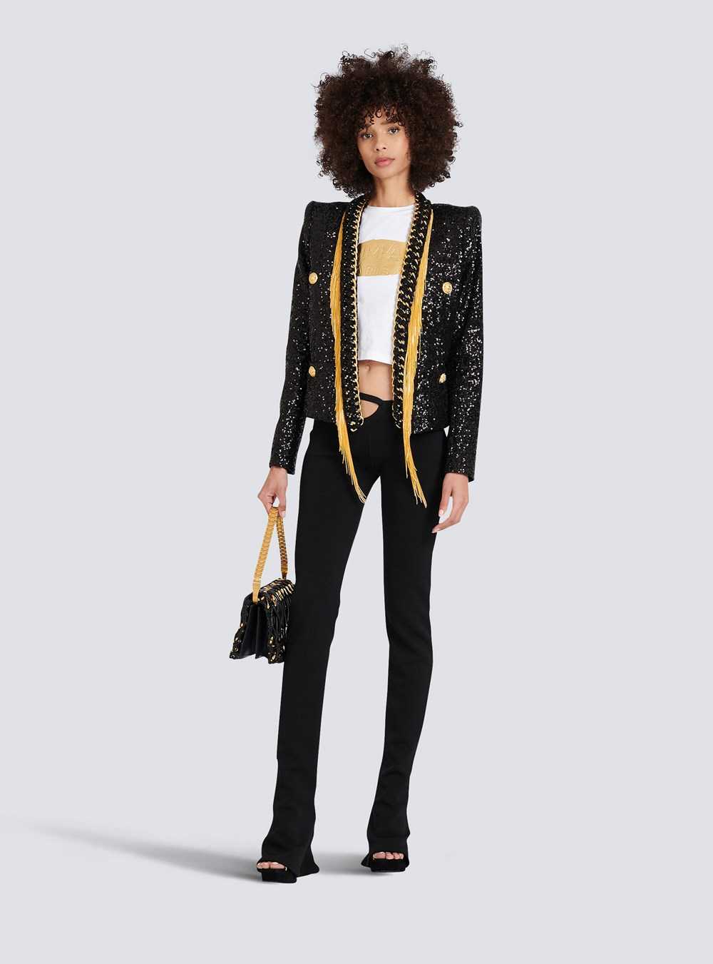 Balmain Sequined Jacket With Chain Fringed Black | QFCLHYS-29