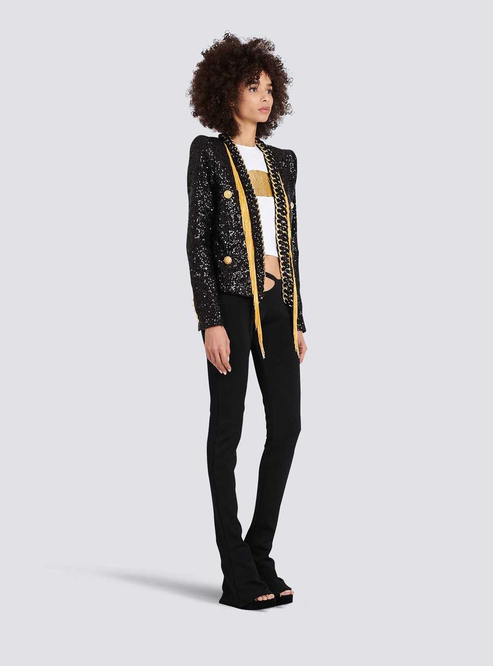 Balmain Sequined Jacket With Chain Fringed Black | QFCLHYS-29