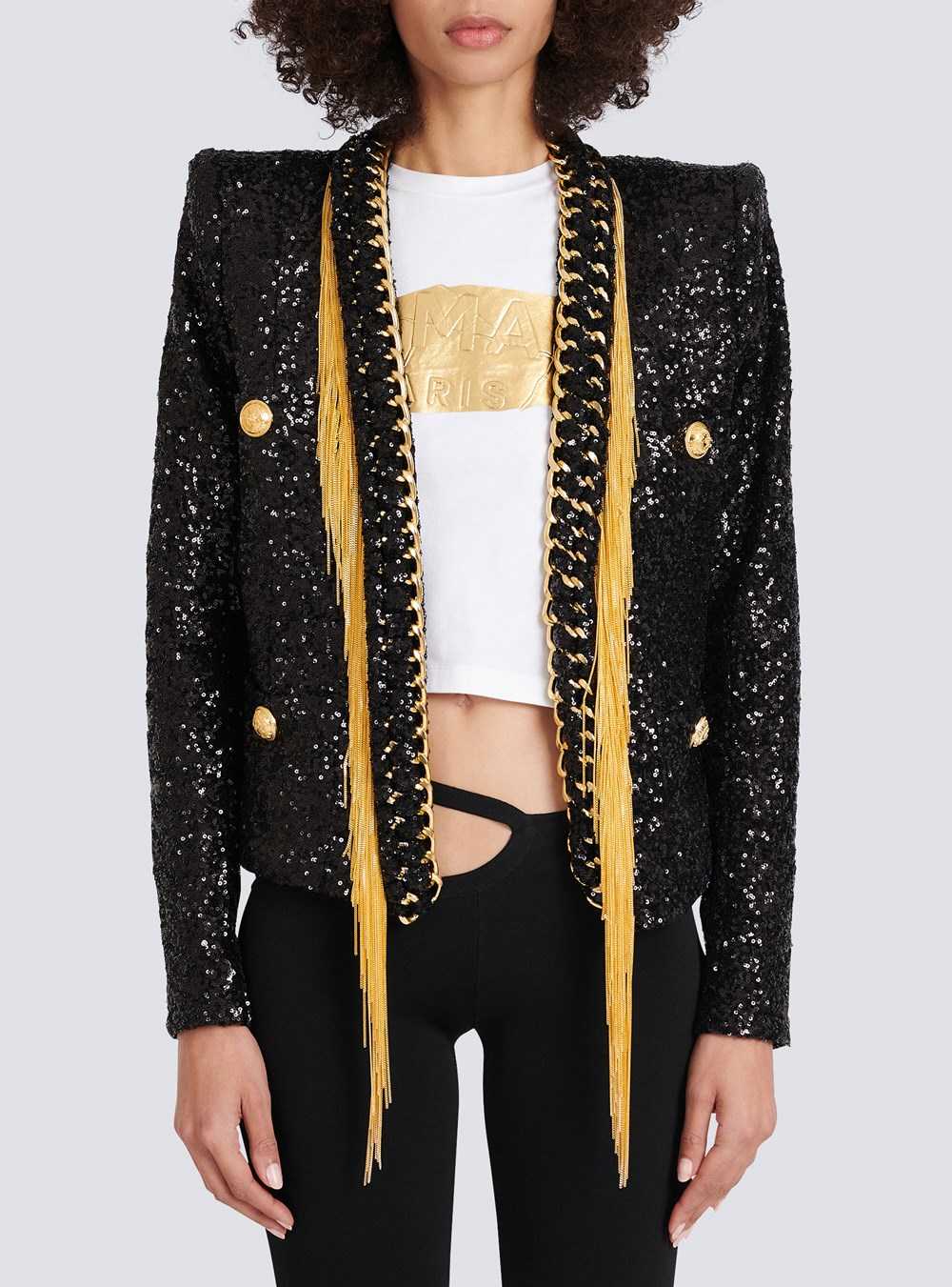 Balmain Sequined Jacket With Chain Fringed Black | QFCLHYS-29