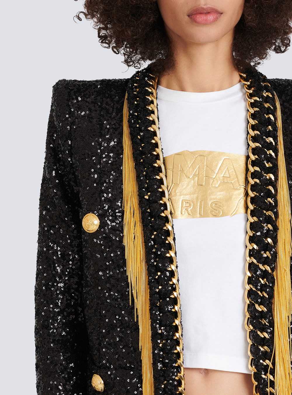 Balmain Sequined Jacket With Chain Fringed Black | QFCLHYS-29