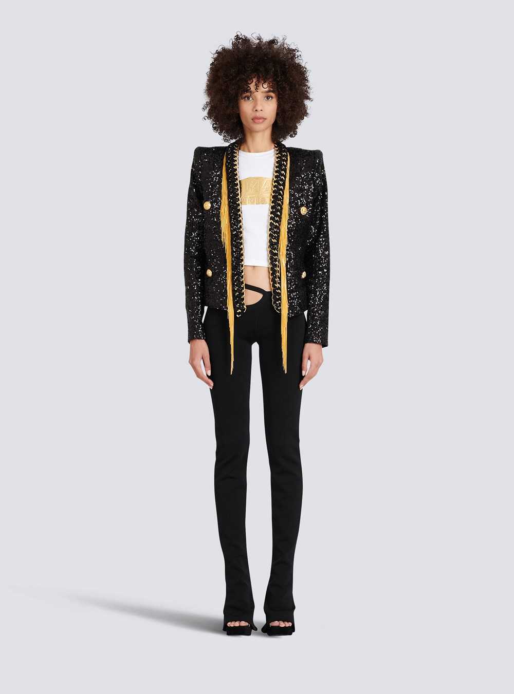 Balmain Sequined Jacket With Chain Fringed Black | QFCLHYS-29