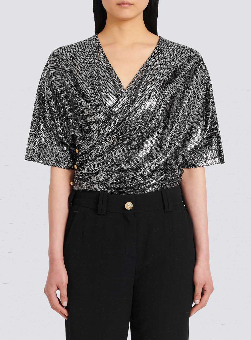 Balmain Sequined Jersey T-shirt Silver | BXQYMNE-49