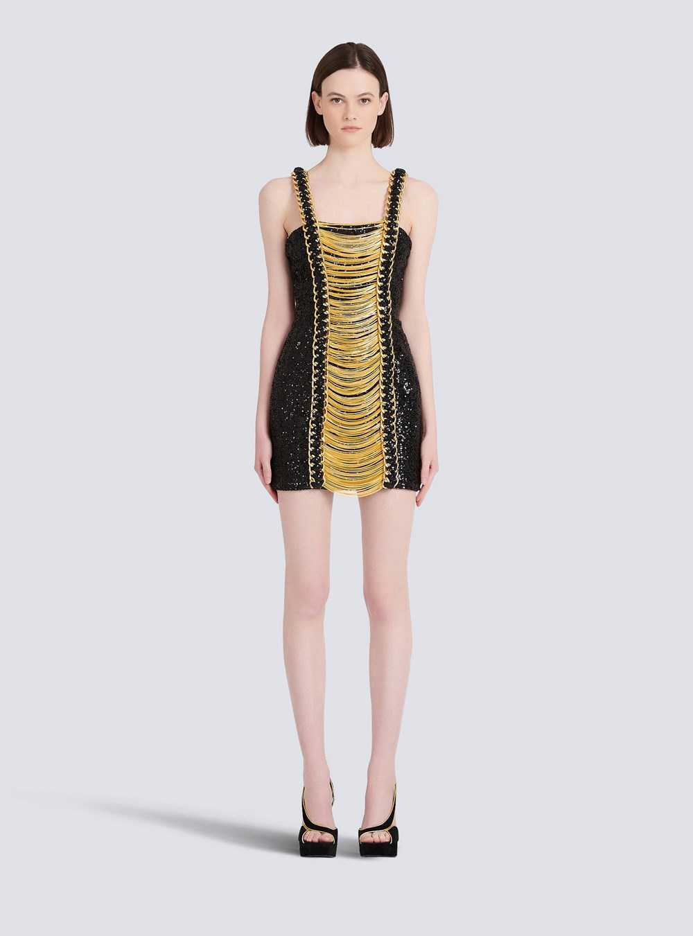 Balmain Sequined Short Dress With Chain Straped Black | JAHODCU-20