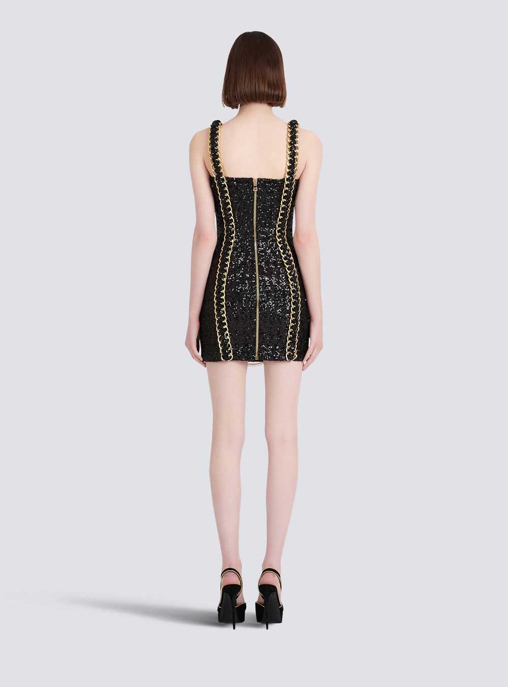 Balmain Sequined Short Dress With Chain Straped Black | JAHODCU-20