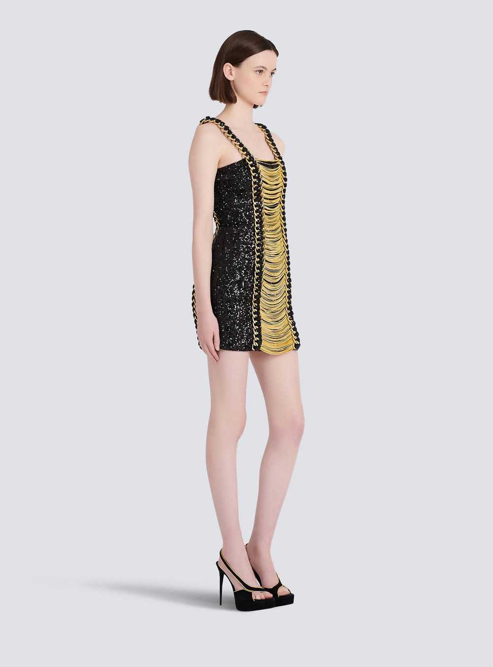 Balmain Sequined Short Dress With Chain Straped Black | JAHODCU-20