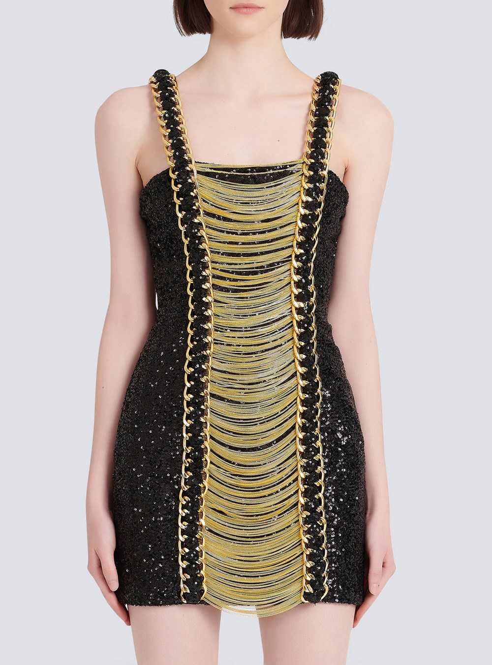 Balmain Sequined Short Dress With Chain Straped Black | JAHODCU-20