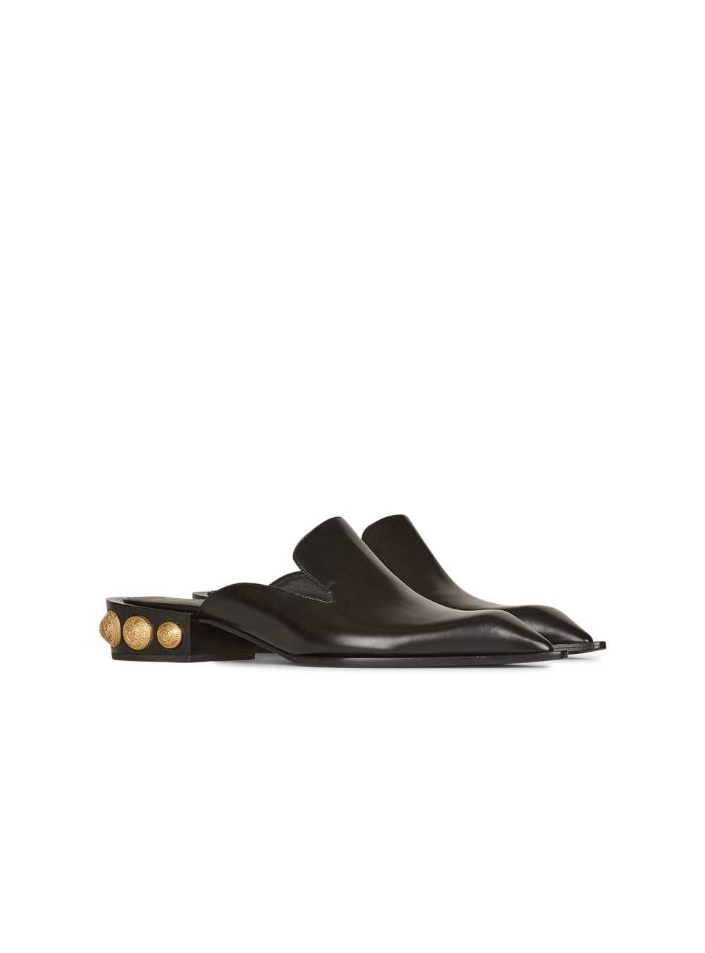 Balmain Shiny Leather Coin Mule Loafers Black | KAFXDWN-21