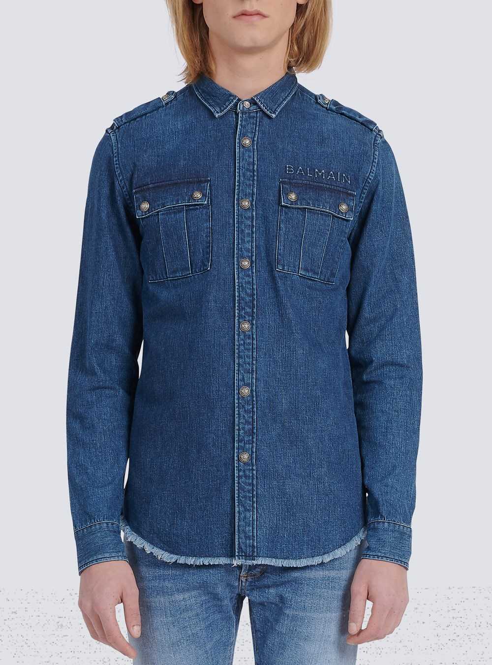 Balmain Shirt With Small Embossed Balmain Logo Blue | BLXEVJZ-65