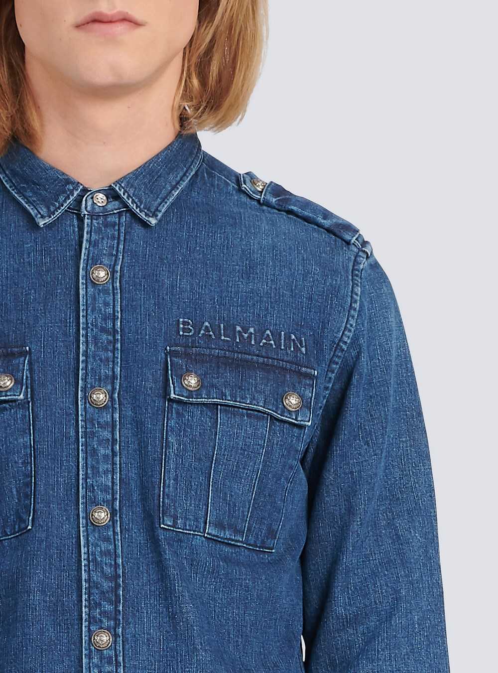 Balmain Shirt With Small Embossed Balmain Logo Blue | BLXEVJZ-65