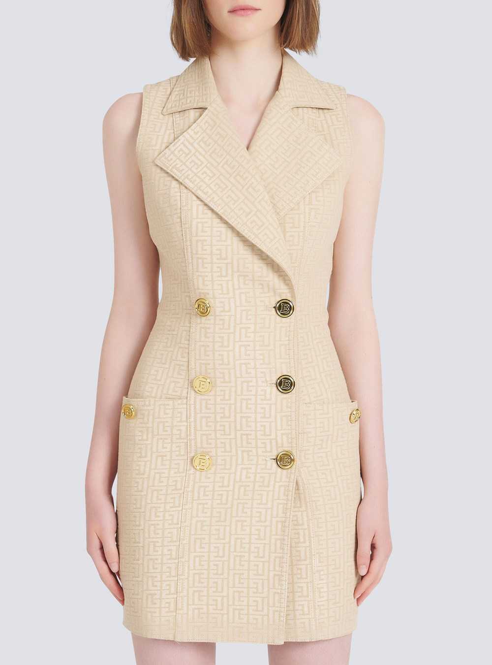 Balmain Short Balmain Monogram Jacquard Dress With Gold-tone Double-buttoned Fastening Beige | BVOKZDF-95