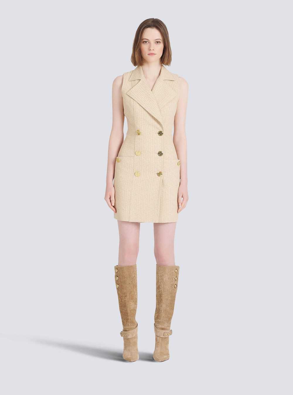 Balmain Short Balmain Monogram Jacquard Dress With Gold-tone Double-buttoned Fastening Beige | BVOKZDF-95