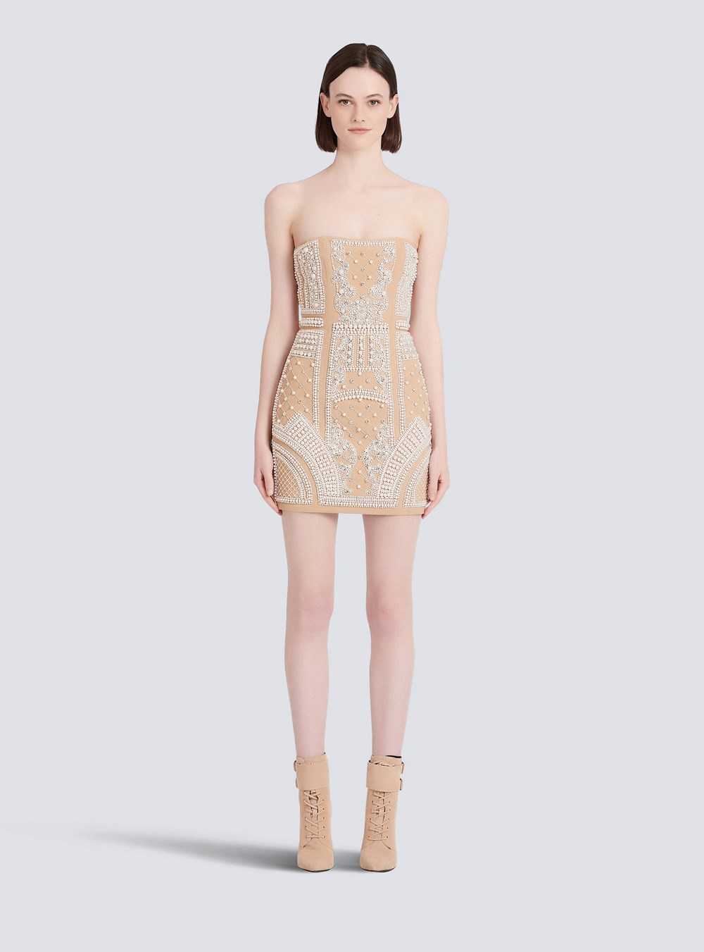 Balmain Short Bustier Dress With Embrodery Beige | DXZKAVQ-24