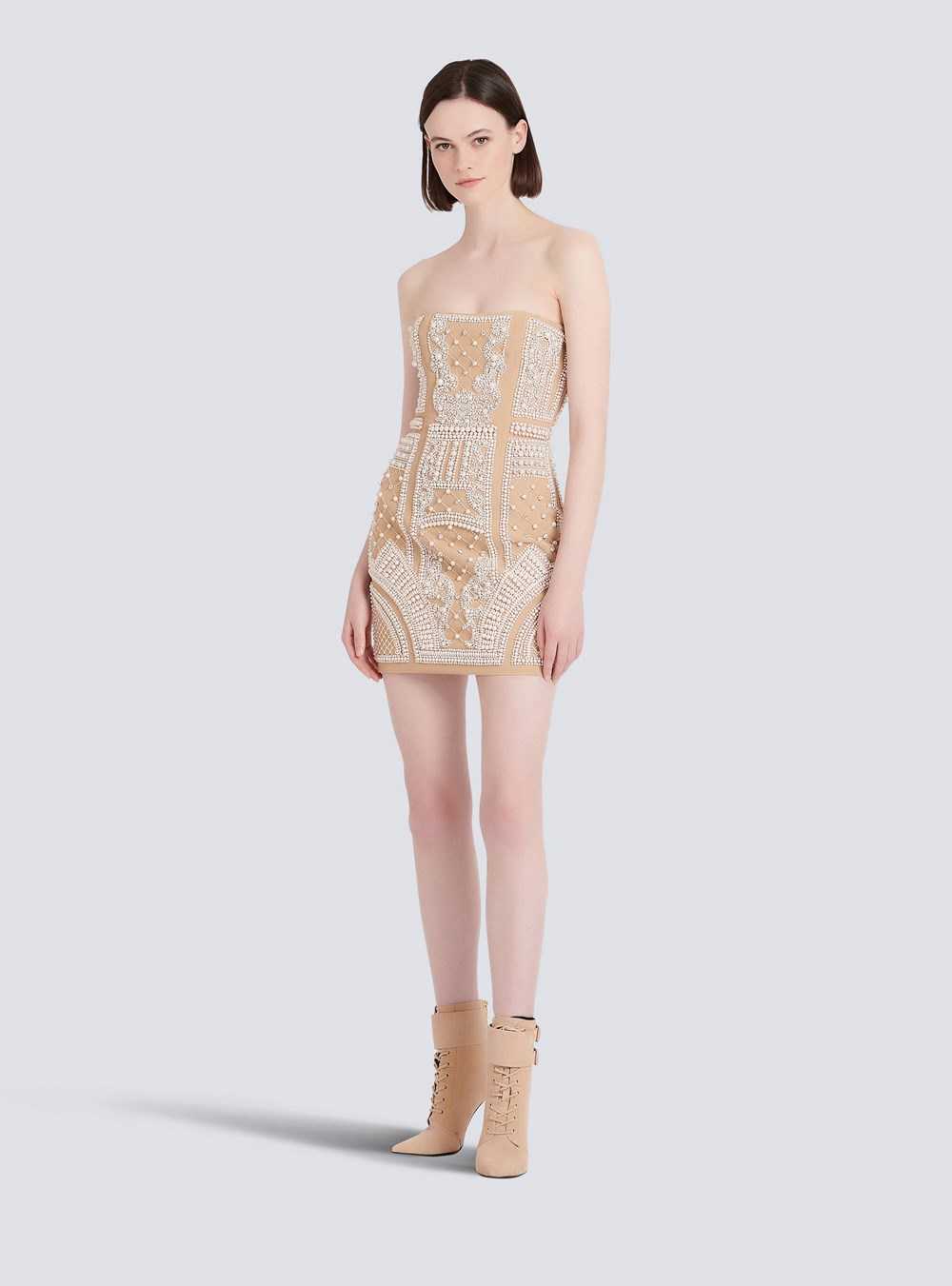 Balmain Short Bustier Dress With Embrodery Beige | DXZKAVQ-24