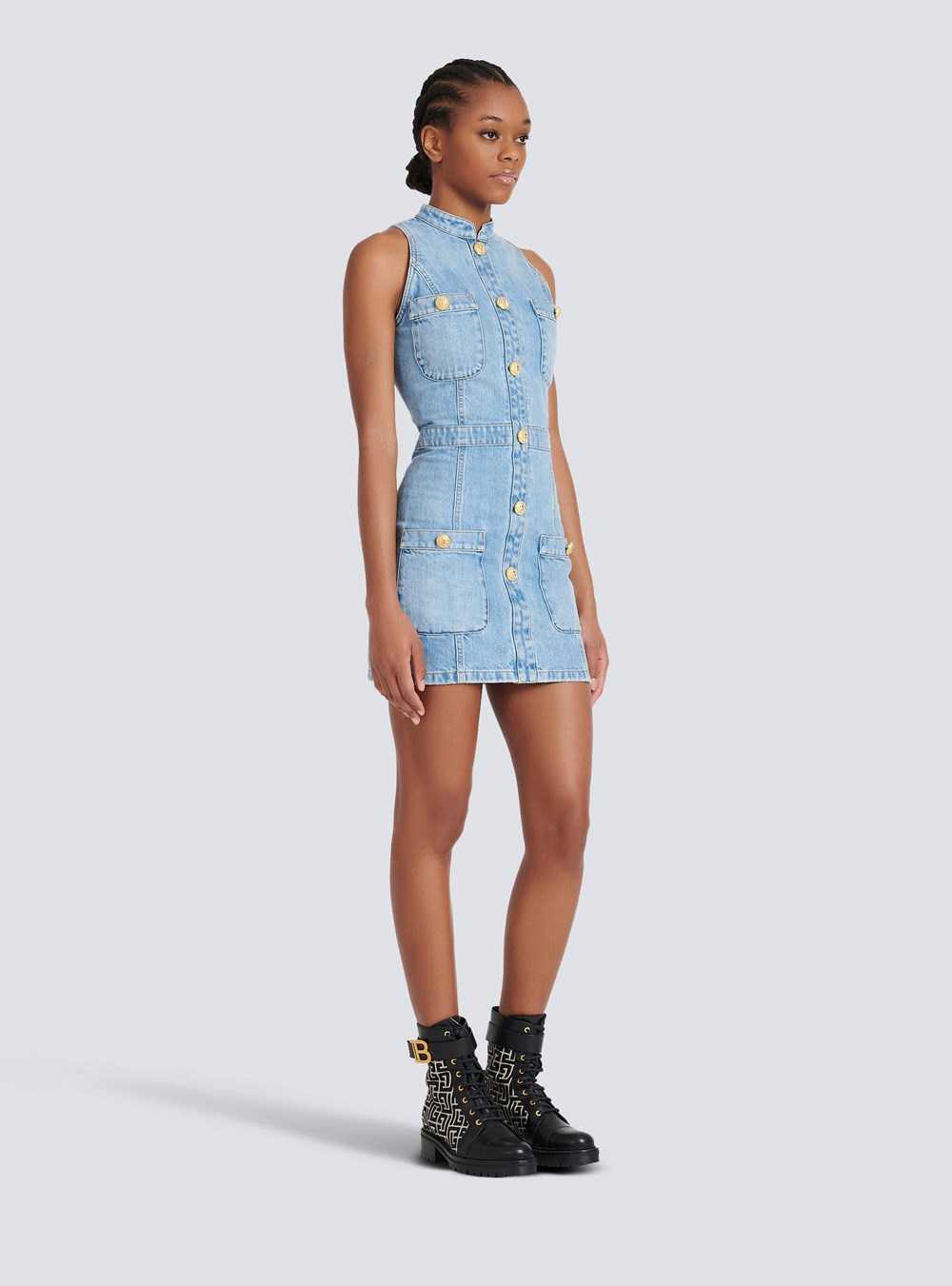 Balmain Short Denim Dress Blue | FQTZCXI-60