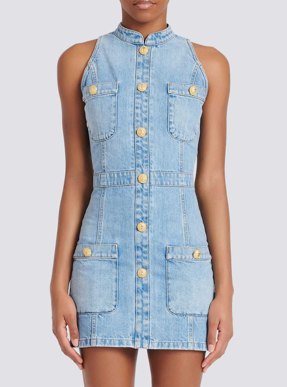 Balmain Short Denim Dress Blue | FQTZCXI-60