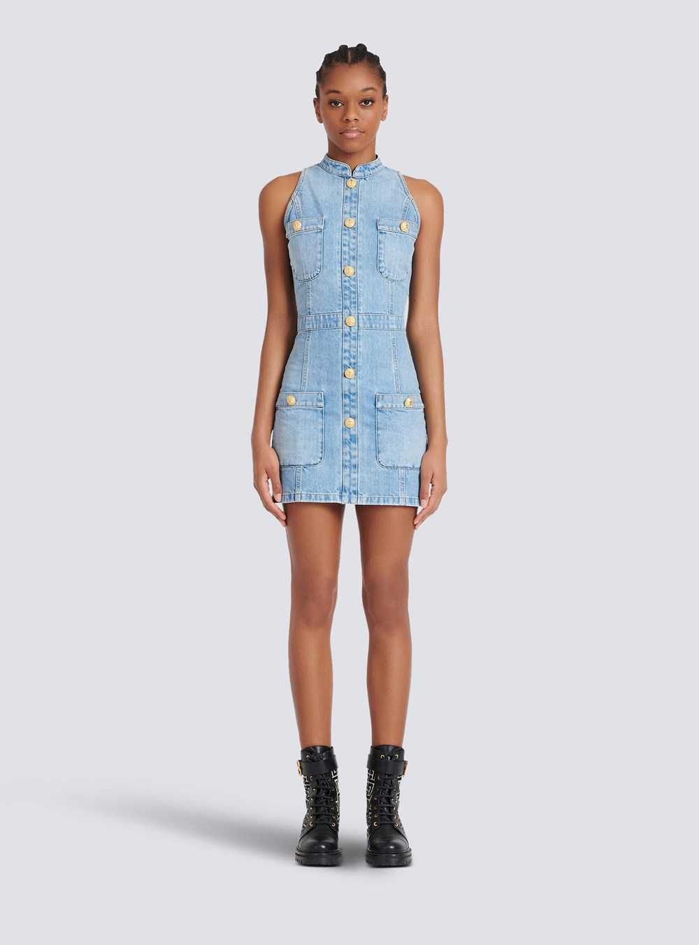 Balmain Short Denim Dress Blue | FQTZCXI-60