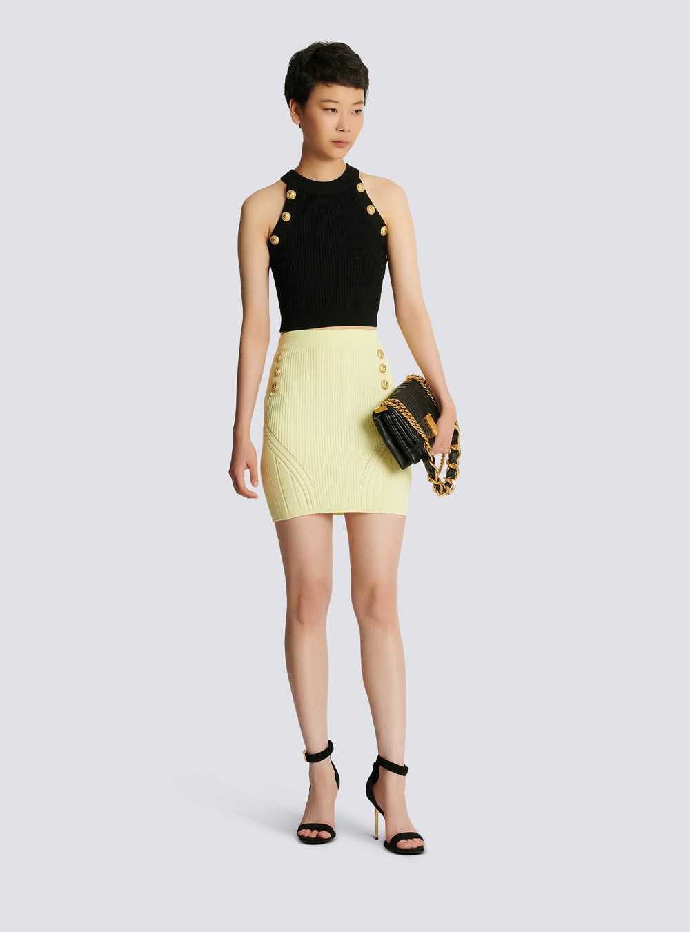 Balmain Short Double-breasted Knit Skirt Yellow | LXTWFJB-14