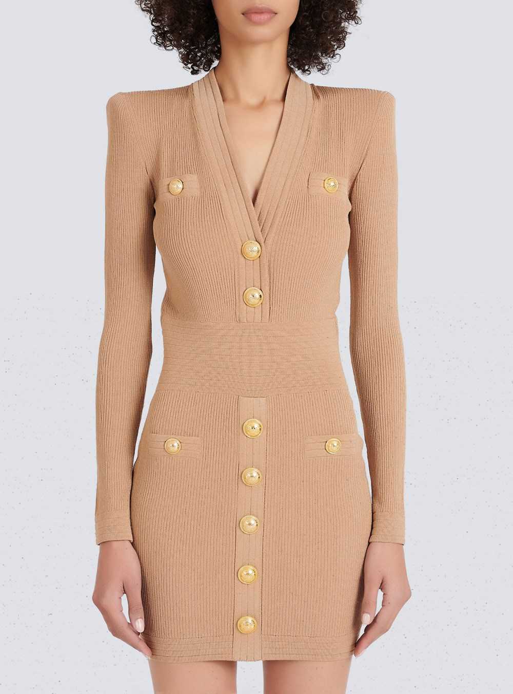 Balmain Short Eco-designed Knit Dress With Gold-tone Buttons Beige | DHITWYO-92