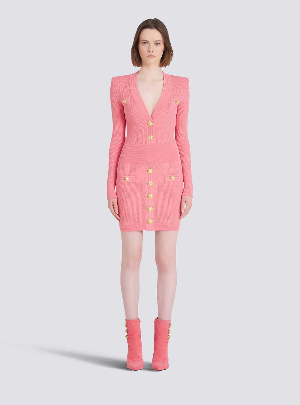 Balmain Short Eco-designed Knit Dress With Gold-tone Buttons Pink | DUFREIL-03