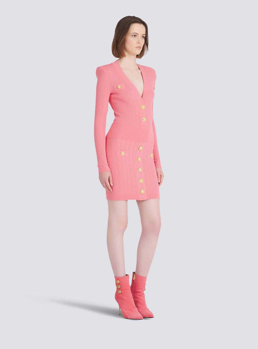 Balmain Short Eco-designed Knit Dress With Gold-tone Buttons Pink | DUFREIL-03