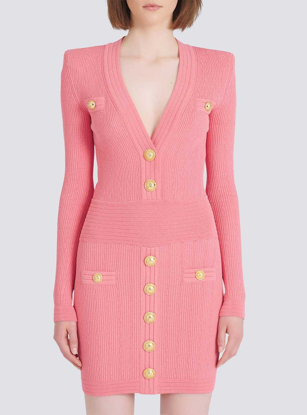 Balmain Short Eco-designed Knit Dress With Gold-tone Buttons Pink | DUFREIL-03