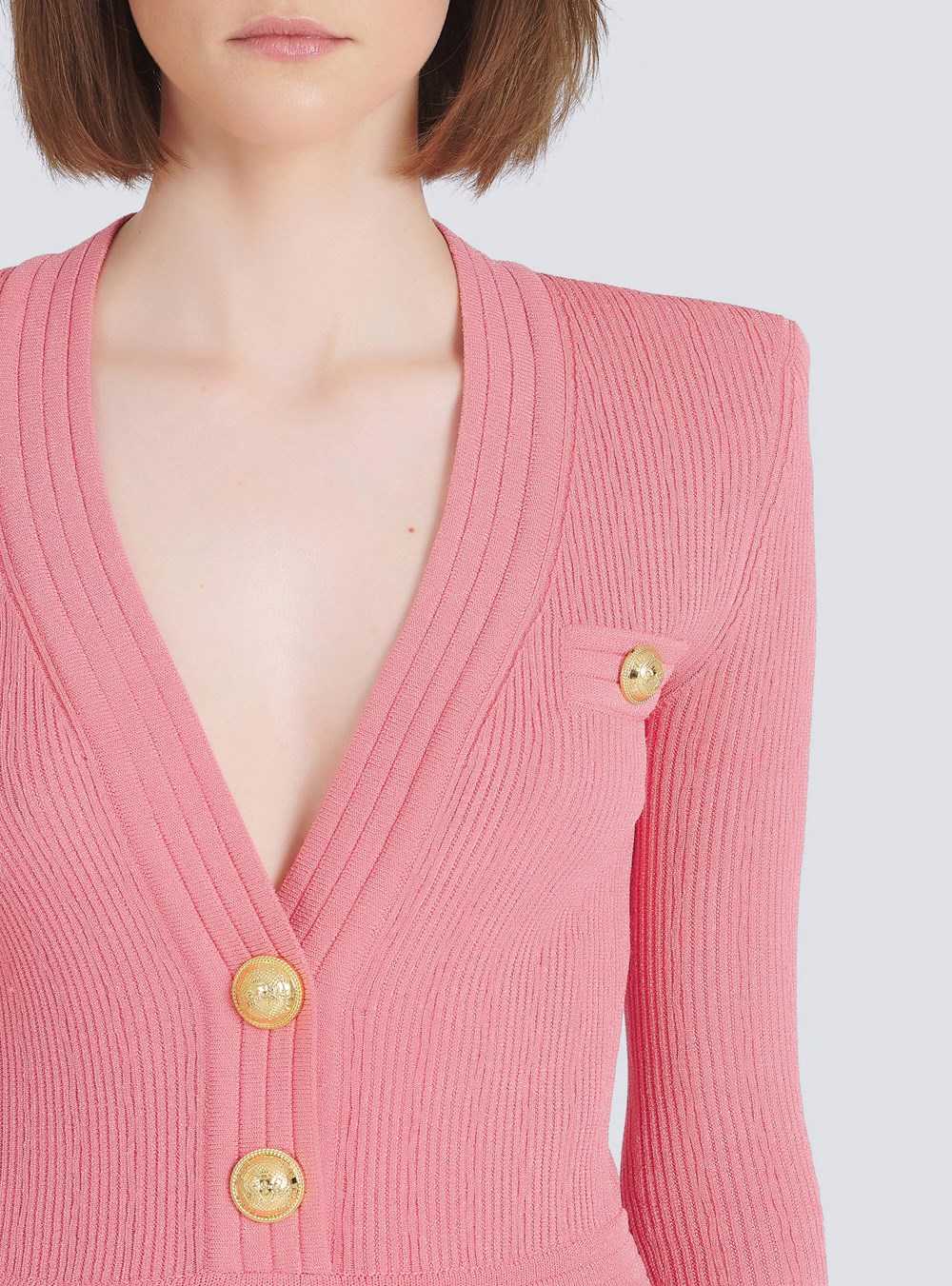 Balmain Short Eco-designed Knit Dress With Gold-tone Buttons Pink | DUFREIL-03