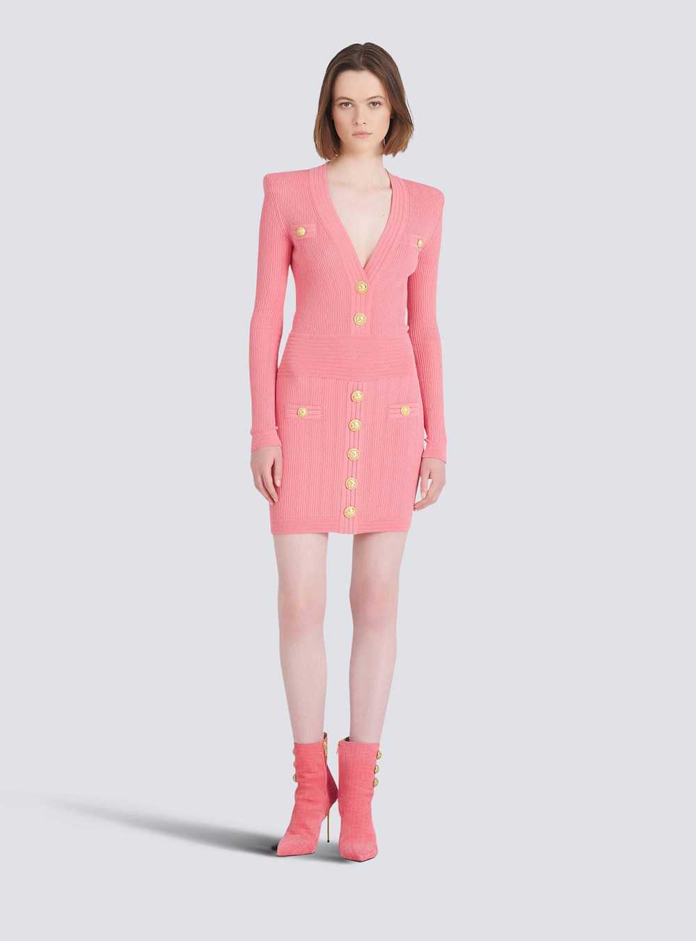 Balmain Short Eco-designed Knit Dress With Gold-tone Buttons Pink | DUFREIL-03