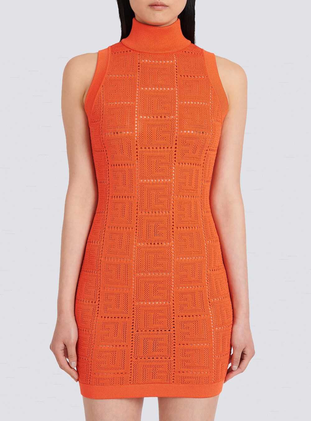 Balmain Short Eco-designed Knit Dress With Balmain Monogram Orange | XHJBAPR-07