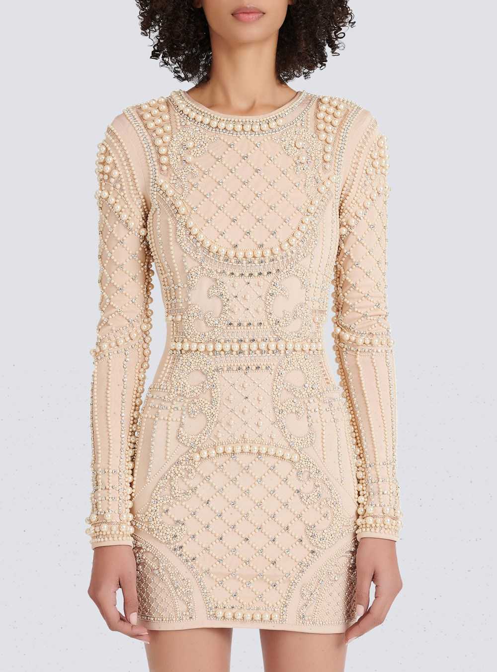 Balmain Short Embroidered Dress Beige | ALQBWFC-98