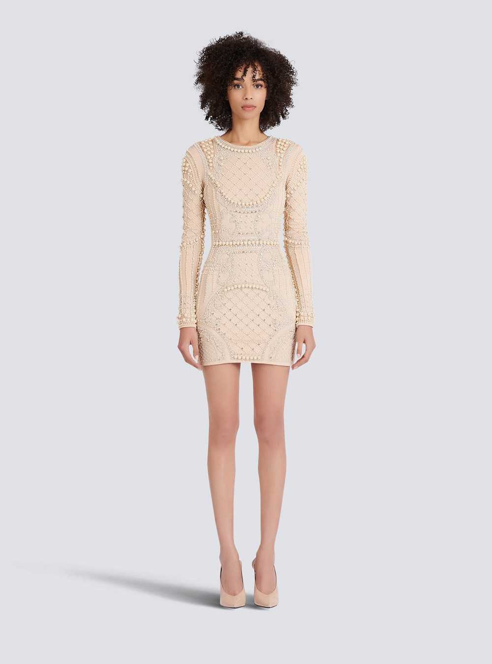 Balmain Short Embroidered Dress Beige | ALQBWFC-98