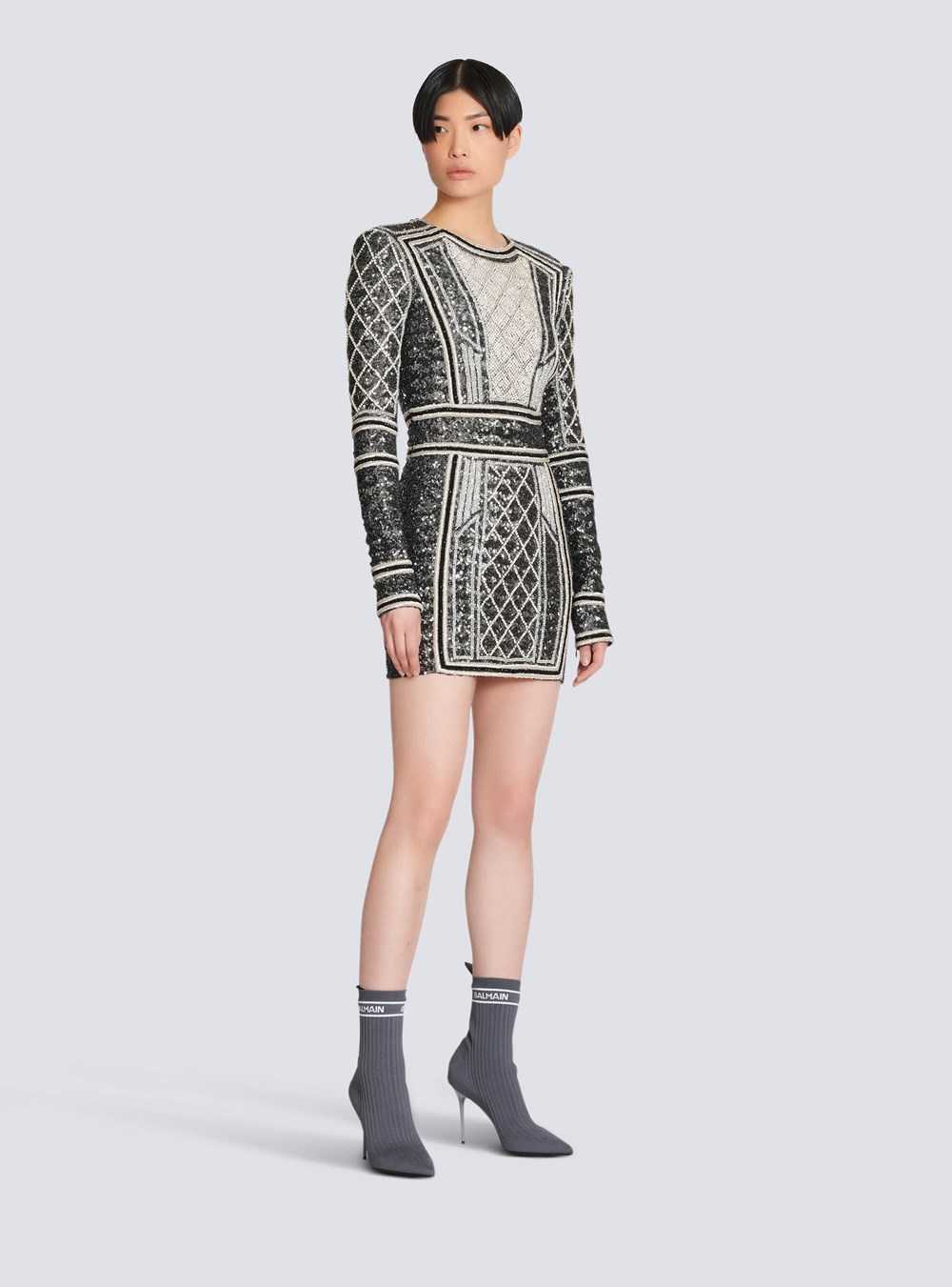 Balmain Short Embroidered Dress Grey | QYKVDZX-93