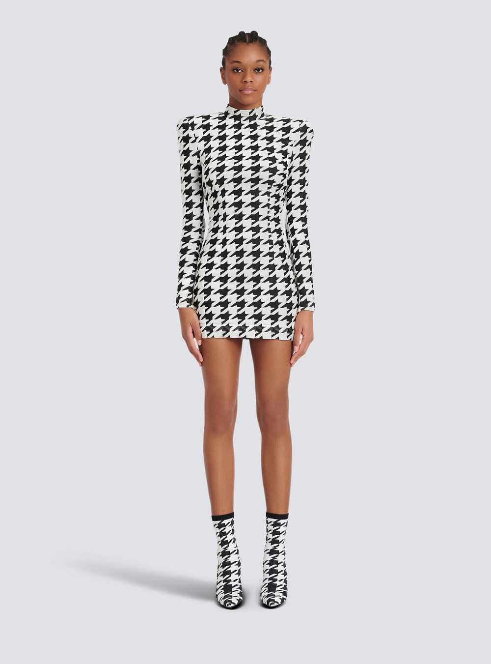 Balmain Short Houndstooth Print Velvet Dress Black | SJCWAFV-63