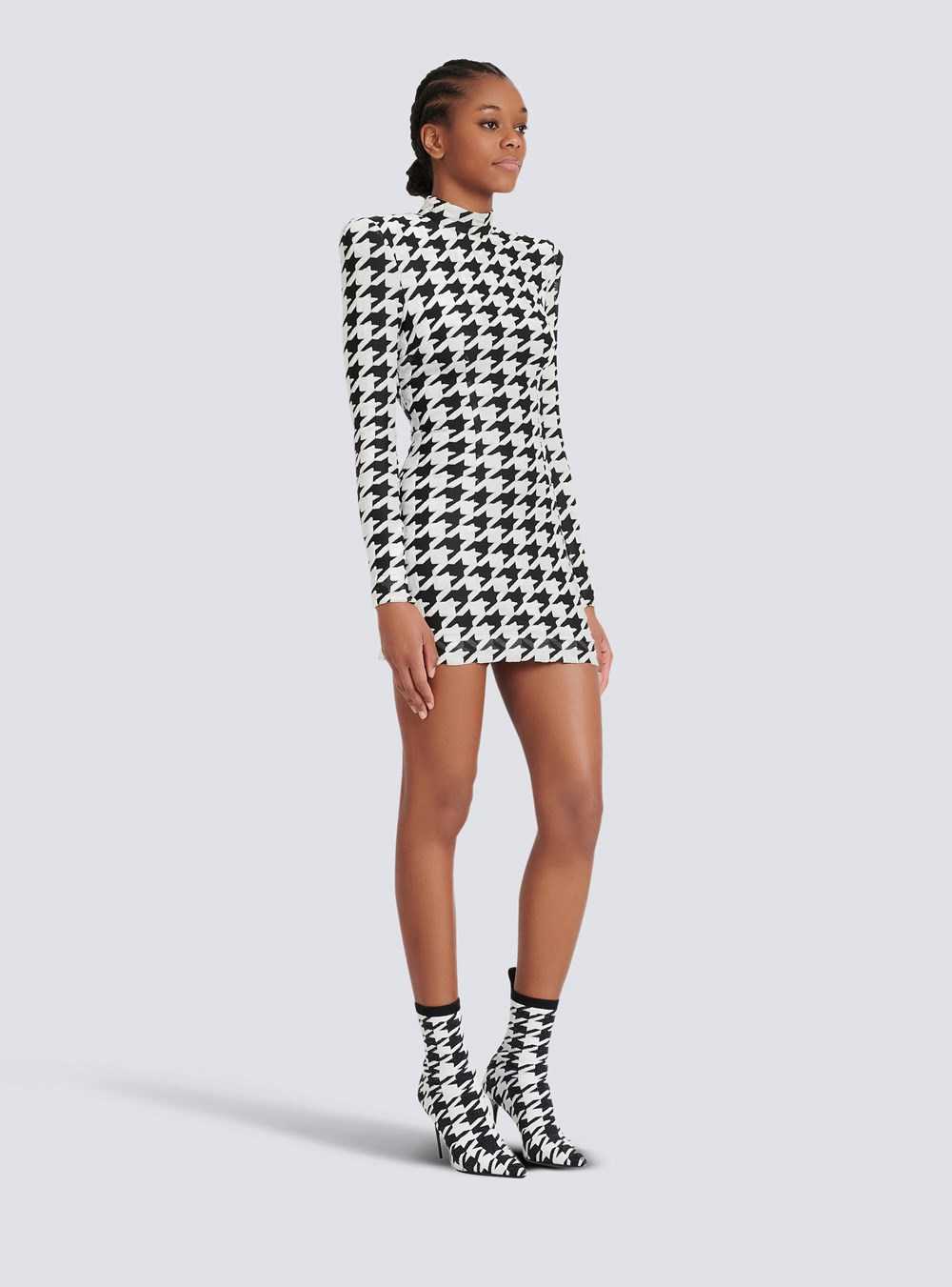 Balmain Short Houndstooth Print Velvet Dress Black | SJCWAFV-63