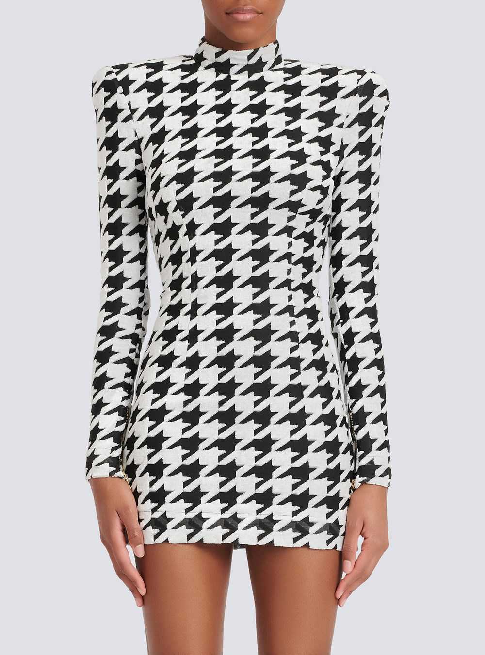 Balmain Short Houndstooth Print Velvet Dress Black | SJCWAFV-63